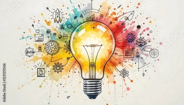 Fototapeta Abstract Colorful Watercolor Light Bulb Idea Concept with Diverse Business and Innovation Icons
