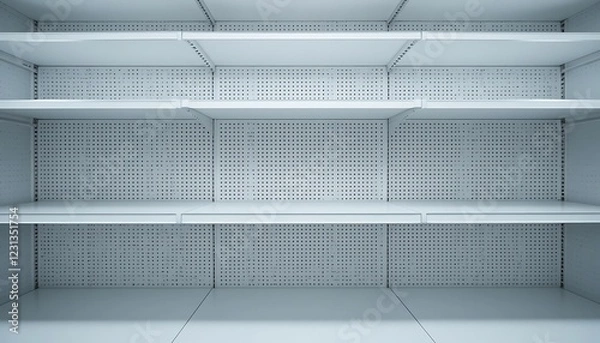 Fototapeta Empty white retail shelving unit with perforated metal back panels, perfect for product display and merchandising