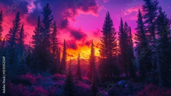 Fototapeta A serene forest scene with purple trees and a pink sky. The sky is a beautiful mix of orange and pink hues
