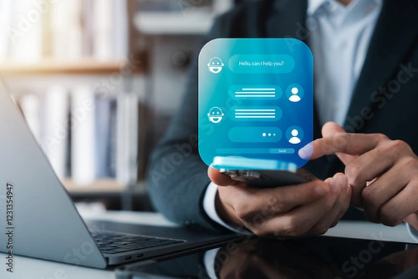 Fototapeta AI Chatbot intelligent digital customer service application concept, computer mobile application uses artificial intelligence chatbots automatically respond online messages to help customers instantly