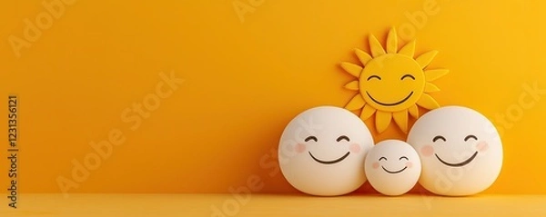 Obraz Cheerful cartoon sun and smiling faces on vibrant yellow background for joyful design projects