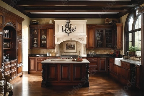 Fototapeta A traditional kitchen adorned with rich textures, ornate cabinetry, and elegant decor. Utilize a warm color palette, intricate tiling, and luxurious fabrics. Include classic artworks