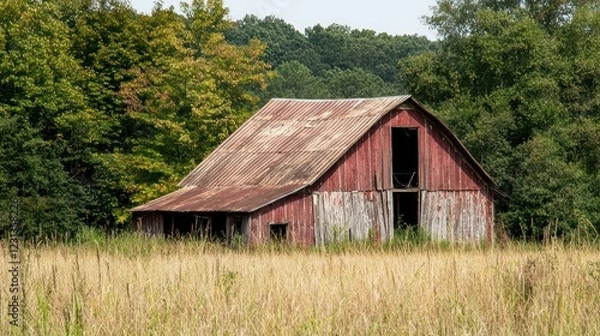 Obraz A dilapidated barn standing in a field of tall grass.