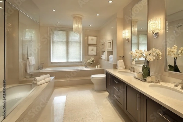 Fototapeta A transitional bathroom blending classic warmth with contemporary clean lines. Opt for a neutral color scheme, streamlined fixtures, and refined textiles. Integrate modern lighting
