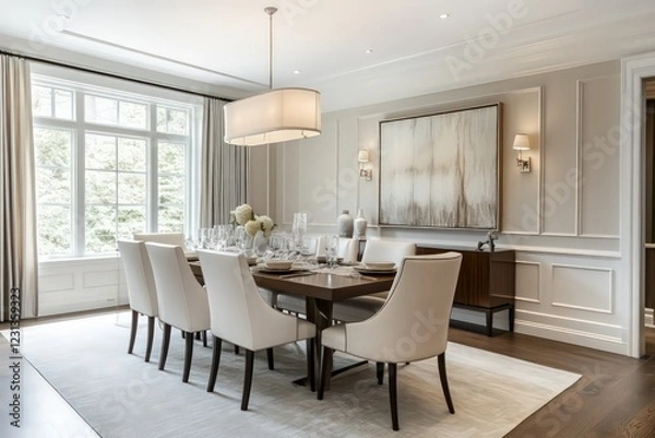 Fototapeta A transitional dining room blending classic warmth with contemporary clean lines. Opt for a neutral color scheme, streamlined furniture pieces, and refined textiles. Integrate modern lighting fixtures