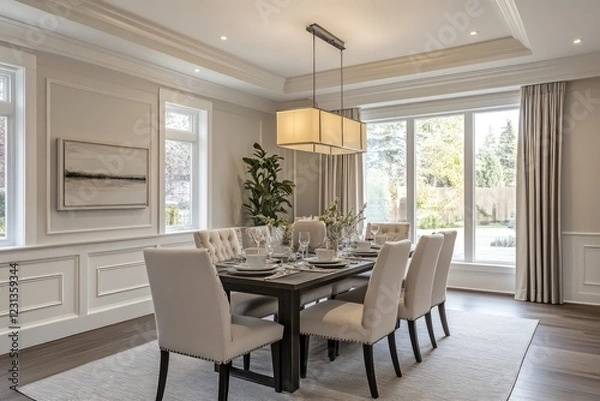 Fototapeta A transitional dining room blending classic warmth with contemporary clean lines. Opt for a neutral color scheme, streamlined furniture pieces