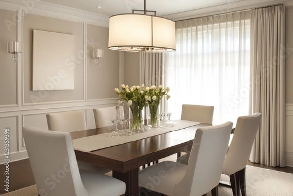 Fototapeta A transitional dining room blending classic warmth with contemporary clean lines. Opt for a neutral color scheme, streamlined furniture pieces, and refined textiles. Integrate modern lighting fixtures