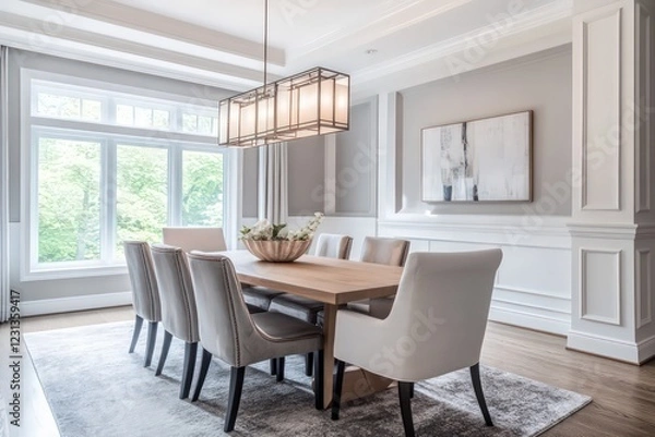 Fototapeta A transitional dining room blending classic warmth with contemporary clean lines. Opt for a neutral color scheme, streamlined furniture pieces, and refined textiles. Integrate modern lighting fixtures