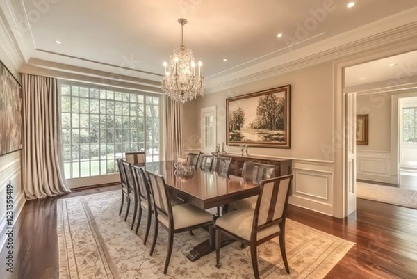 Fototapeta A transitional dining room blending classic warmth with contemporary clean lines. Opt for a neutral color scheme, streamlined furniture pieces, and refined textiles. Integrate modern lighting fixtures
