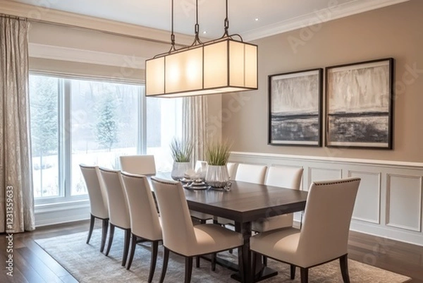Fototapeta A transitional dining room blending classic warmth with contemporary clean lines. Opt for a neutral color scheme, streamlined furniture pieces, and refined textiles. Integrate modern lighting fixtures