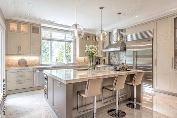 Fototapeta A transitional kitchen blending classic warmth with contemporary clean lines. Opt for a neutral color scheme, streamlined cabinetry, and refined materials. Integrate modern appliances