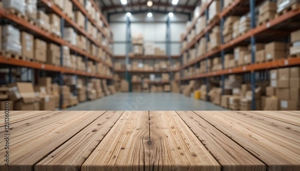 Fototapeta Empty wooden table top in front of blurred warehouse background with many boxes on shelves, perfect for product display or montage