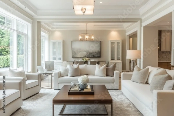 Fototapeta A transitional living room blending classic warmth with contemporary clean lines. Opt for a neutral color scheme, streamlined furniture pieces,