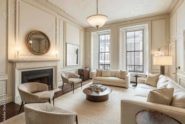 Fototapeta A transitional living room blending classic warmth with contemporary clean lines. Opt for a neutral color scheme, streamlined furniture pieces