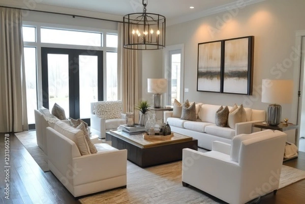 Fototapeta A transitional living room blending classic warmth with contemporary clean lines. Opt for a neutral color scheme, streamlined furniture pieces