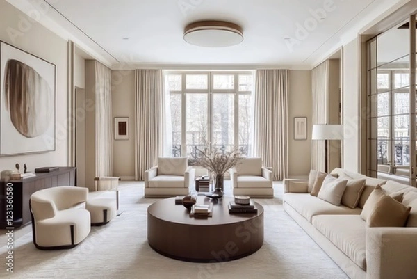 Fototapeta A transitional living room blending classic warmth with contemporary clean lines. Opt for a neutral color scheme, streamlined furniture pieces,