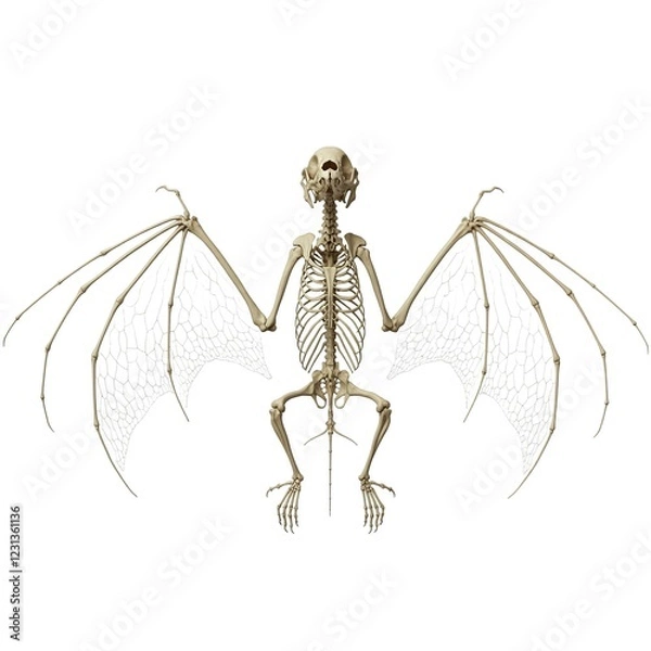 Fototapeta 3d render of bat skeleton with detailed bones and membrane wings on white background