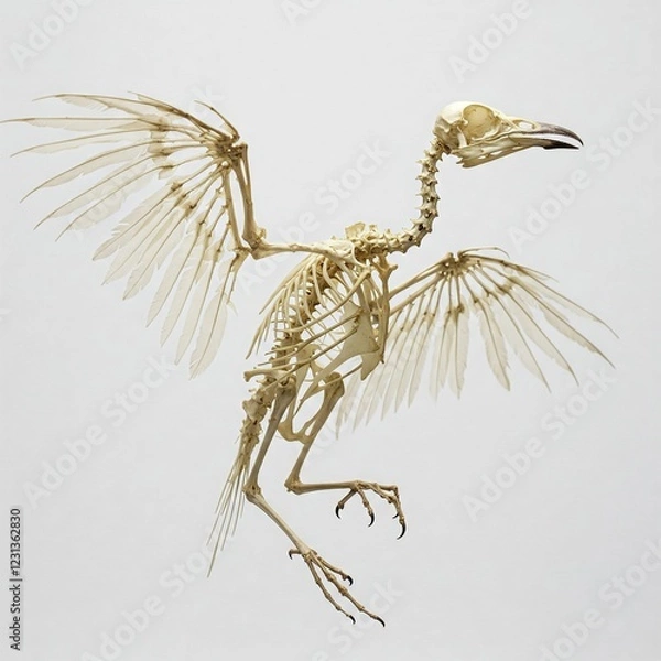 Fototapeta white bird skeleton with spread wings in flight on white background