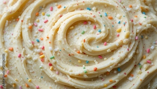 Fototapeta Close-up view of delicious vanilla buttercream frosting with colorful sprinkles, swirls, and creamy texture, perfect for baking and dessert decoration.