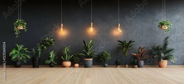 Fototapeta Houseplants on Dark Grey Wall with Soft Lighting in Modern Interior
