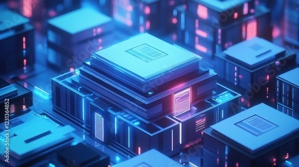 Fototapeta 3D illustration a pristine white filing system transforming into digital holograms, floating documents automatically organizing themselves, clean corporate aesthetic, glowing accents, depth of field