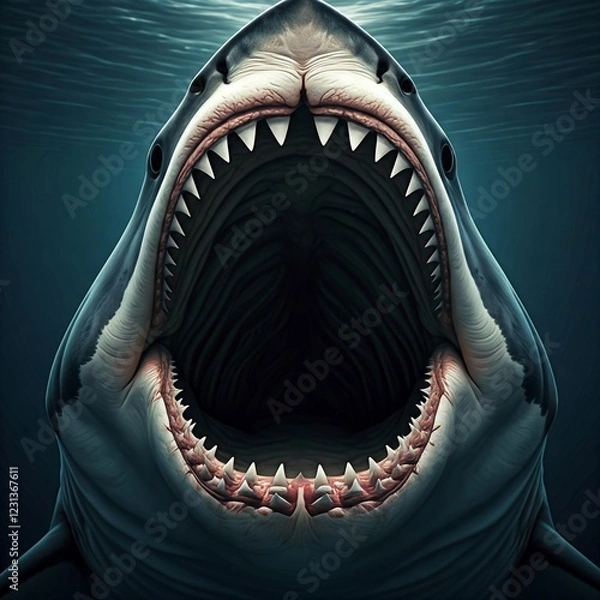 Fototapeta close up of an open mouthed great white shark underwater with sharp teeth