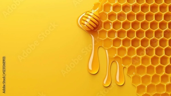 Fototapeta Golden honey dripping from a honeycomb on a vibrant background