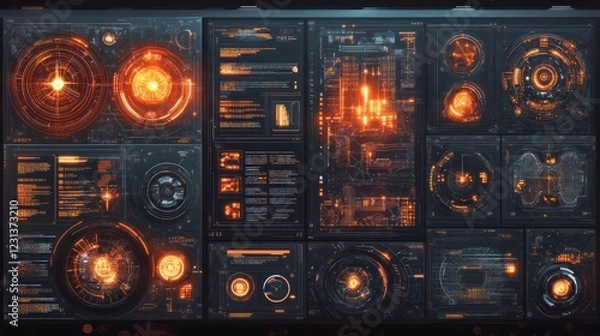 Fototapeta Futuristic HUD interface control panel; orange glow, data streams, background screens