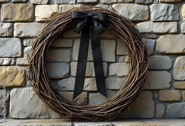 Obraz A solemn memorial wreath of twigs adorned with a black ribbon, resting against a textured stone wall, evokes reflection and reverence.