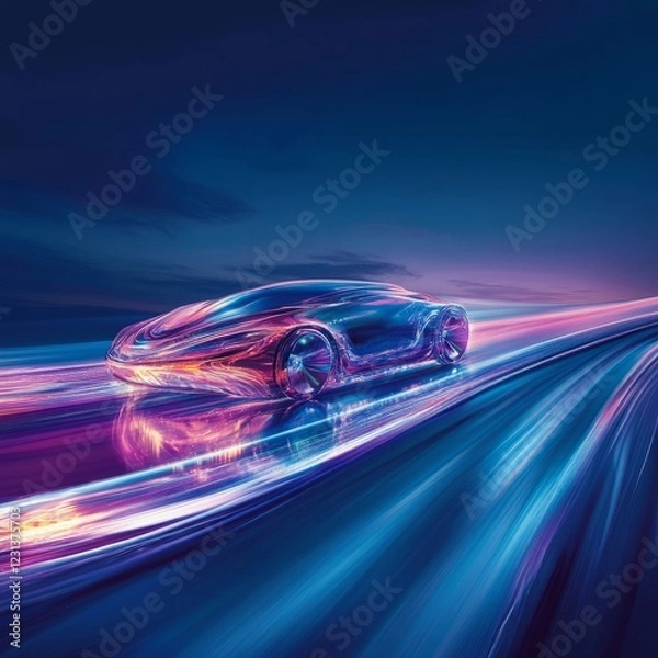 Fototapeta A car is driving down a road with a blue background. The car is surrounded by a purple and blue light