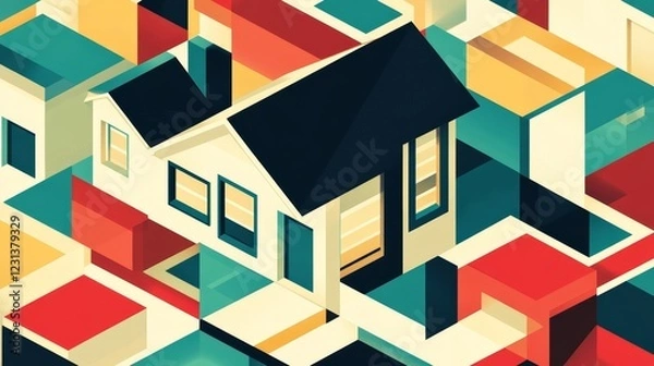Fototapeta This vibrant abstract illustration features a house at the center, surrounded by colorful geometric blocks, creating a modern and artistic visual appeal.