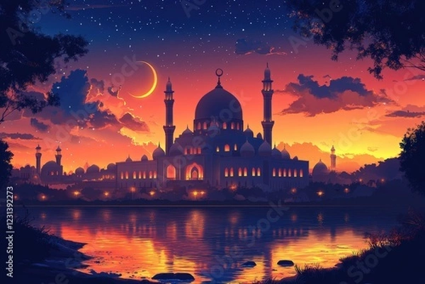 Fototapeta Sunset view of a mosque silhouette with a crescent moon in the evening sky