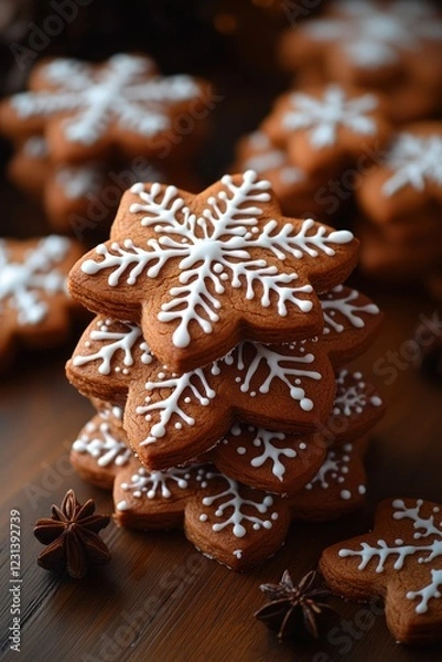 Fototapeta Gingerbread cookies decorated with white icing snowflakes on rustic wooden table with dried orange slice cinnamon sticks and star anise warm festive holiday ambiance