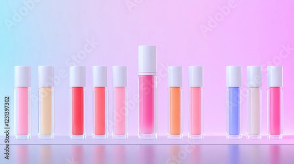 Fototapeta Row of lip glosses in various pastel shades against a vibrant, colorful background.  A beauty product display.