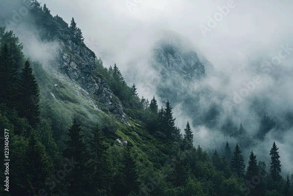 Fototapeta Misty Mountain Forest Landscape, Clouds, Conifers, Rocks, Nature Background, Hiking