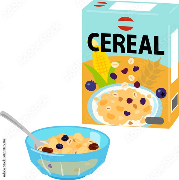 Obraz 市販のシリアルのパッケージとボウルに入れたシリアル