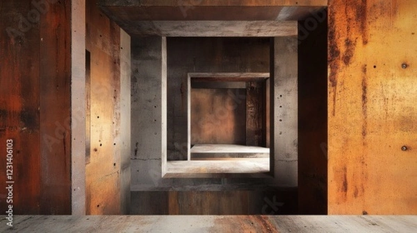 Fototapeta Abstract Rusty Architecture Nested Recessed Concrete and Metal Interior Spaces
