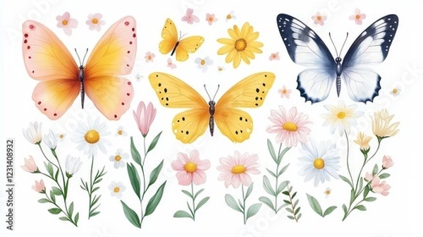 Fototapeta Groovy butterfly, daisy, and flower stickers with a 60s-70s hippie vibe. Floral, romantic designs in trendy yellow and pink colors for a cute retro style.