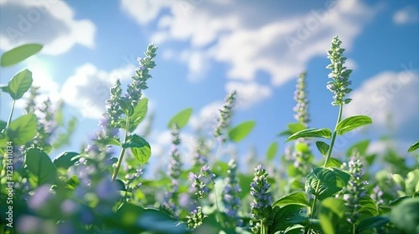 Obraz Close-up View of Blooming Chia Plants with a Blue Sky and Soft Clouds in Background