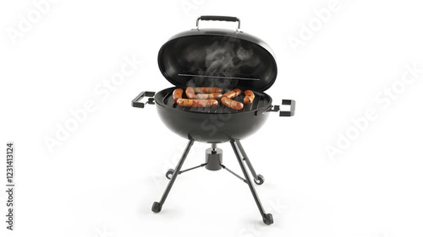 Fototapeta Barbecue grill with delicious cooked meat, isolated on white. meat on a portable barbecue grill isolated.