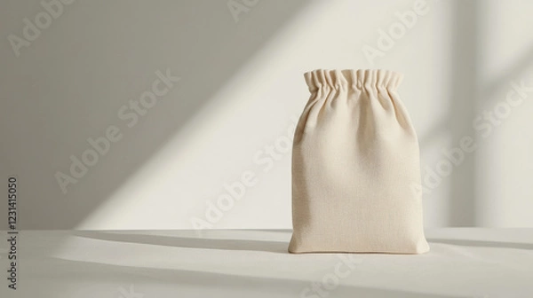 Fototapeta Simple beige cotton drawstring bag on a white background with soft shadows. Perfect for minimalist branding or product photography.