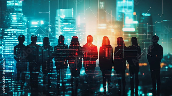 Obraz Professional business team working on a project together in the office Using innovation economic growth charts and network connections to accompany the data. in analyzing future trends