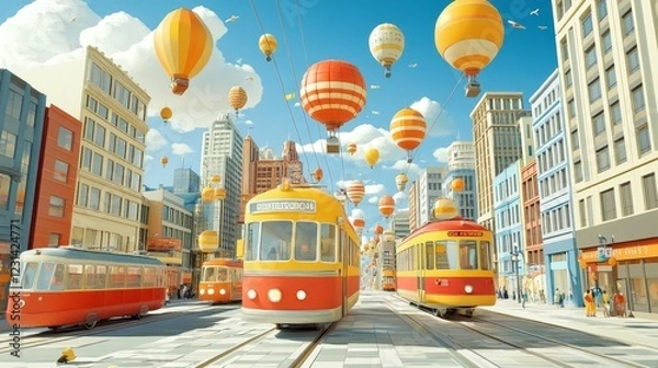 Obraz Whimsical Cityscape Retro Trams and Colorful Hot Air Balloons Soaring Above City Streets