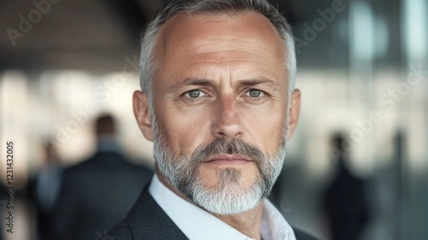 Fototapeta Portrait of a serious, middle-aged man with graying hair and beard, wearing a suit.