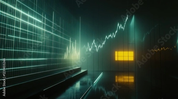 Obraz Abstract neon glowing lines forming financial graphs in dark room.