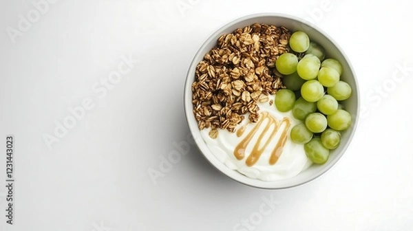 Fototapeta White bowl of yogurt topped with granola, green grapes, and a drizzle of maple sauce, on a minimalist white background, top-down view 