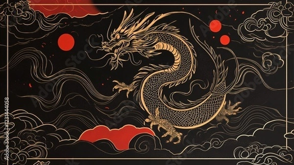 Fototapeta 2024 Chinese New Year Dragon Celebration Event Illustration with Festive Decorations and Lanterns