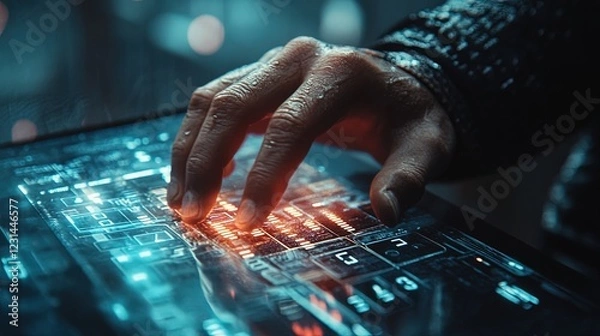 Obraz Hand hovering over a virtual keypad, digital numbers lighting up, sleek and futuristic look 