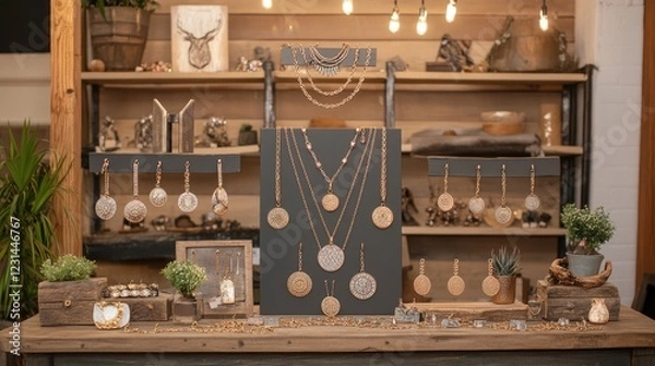 Fototapeta Elegant necklace layering display with a mix of chunky chains and delicate pendants arranged stylishly.