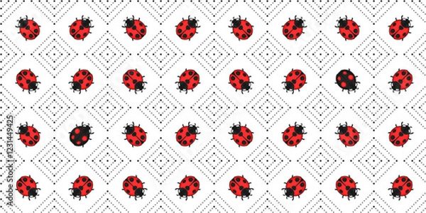 Fototapeta Red and black ladybugs and black striped rhombuses of dots on a white background. Endless texture with cute insect and geometric ornament. Vector seamless pattern for wrapping paper, surface texture